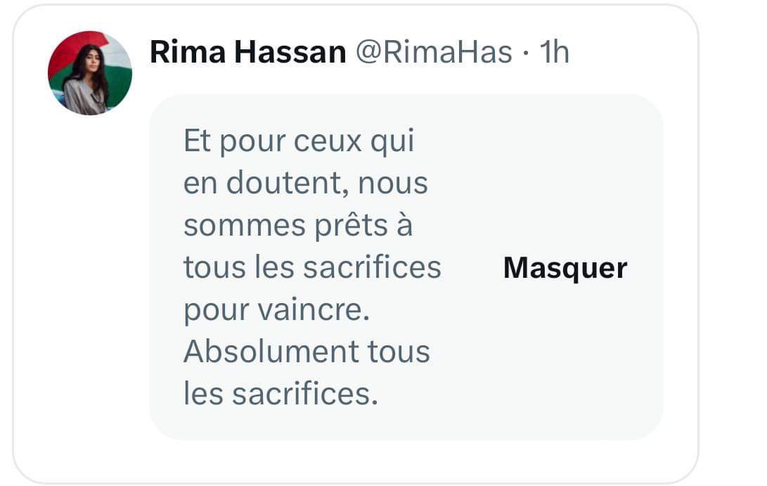 Voici le vrai visage de @RimaHas, pour ceux qui en doutaient. Elle ne fait pas que trouver légitime les islamistes terroristes du Hamas. Elle fait l'apologie de leur méthode. Certains la jugeaient femme de paix. Une imposture. Reveillez-vous. #LFI