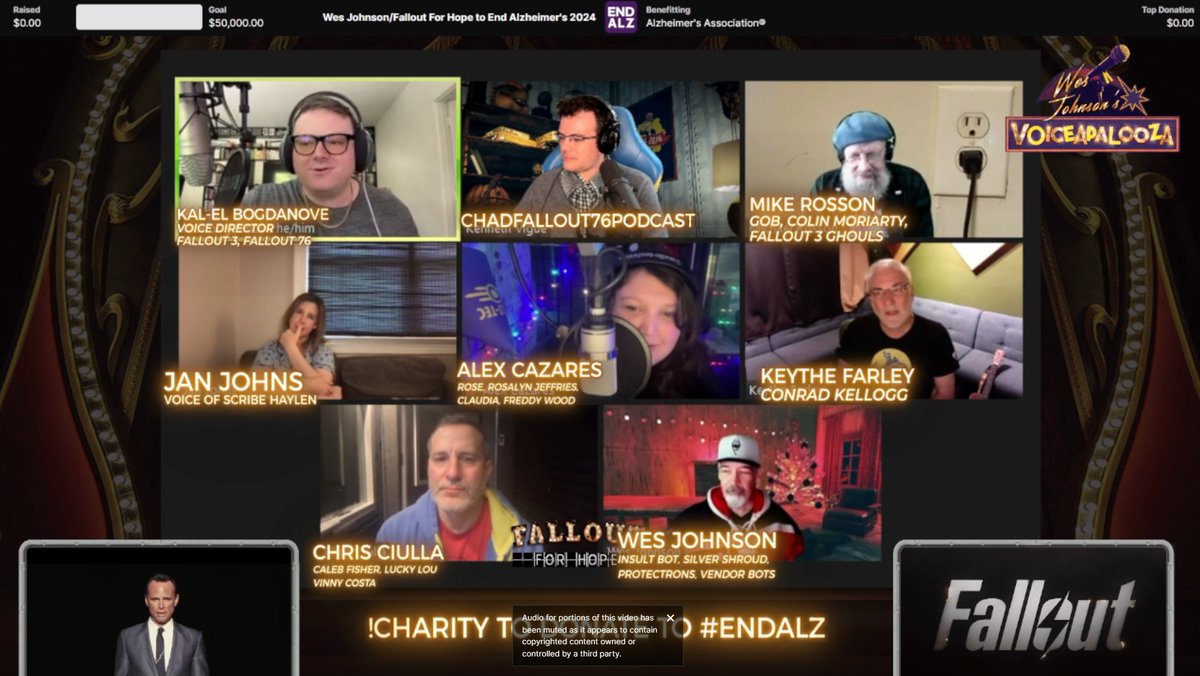 If you missed the @falloutonprime after party last night the VOD is up at Twitch .tv/CHADFallout76Podcast. We raised $310 for the @alzassociation! Thank you @KalElBogdanove @MikeRossonVoice @janjohnsvoactor @Alex_E_Cazares @faronear @BostonVoiceGuy and @WesJohnsonVoice