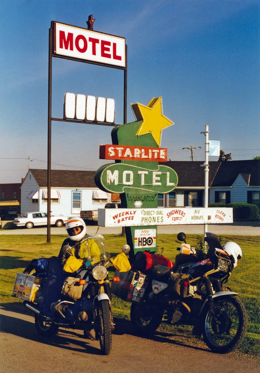 This photo from the big trip still gives me a smile. In part because in the 18 months we were in North America we only stayed in a motel twice. We liked to look at them at least - living history. What they advertise now is a bit different! #motorcycles amazon.co.uk/Tortillas-Tote…