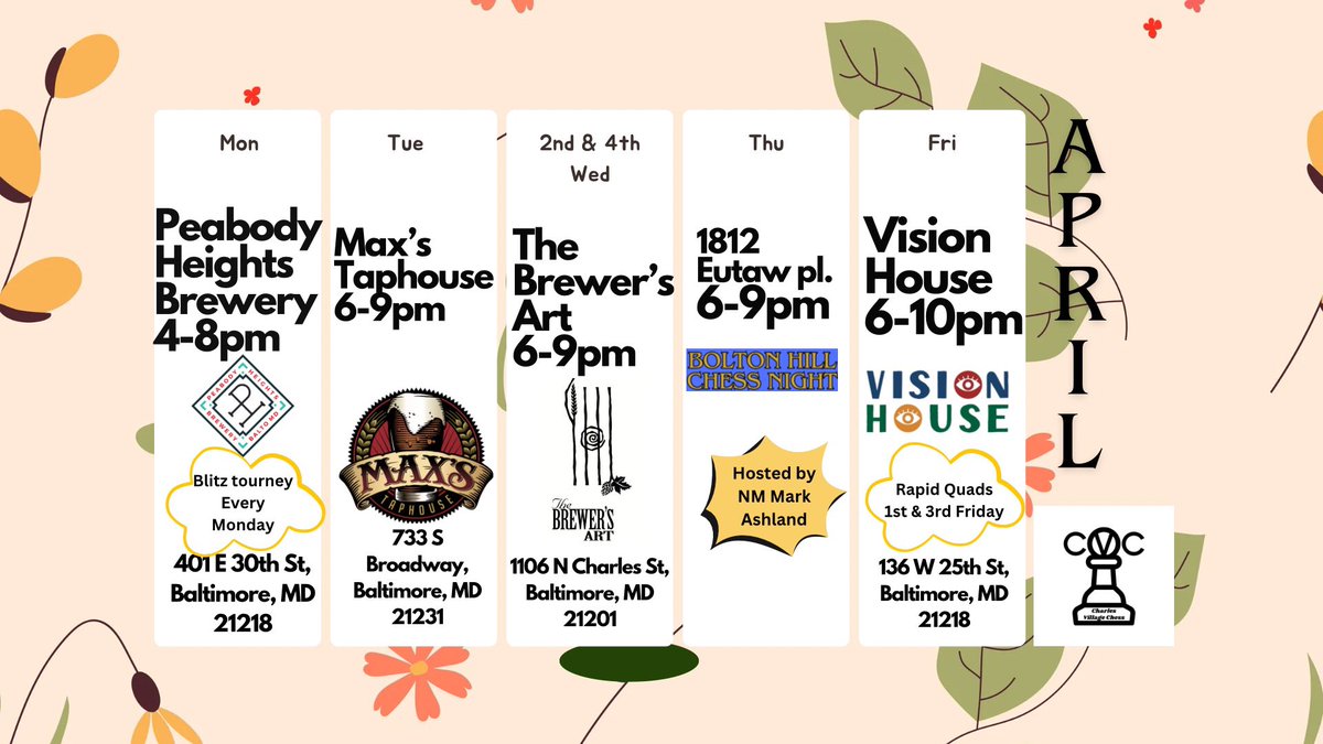 ChessBizkit's tweet image. Charles village chess April calendar has arrived!