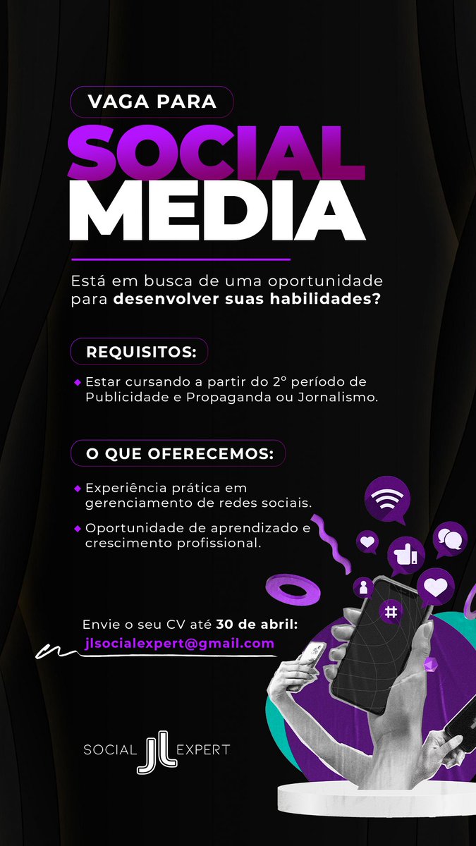 Se você está em busca de uma oportunidade para desenvolver suas habilidades em mídias sociais, esta é para você! 🚀💼 Confira os requisitos e benefícios abaixo e não perca a chance de fazer parte do nosso time! #VemSerJL #Oportunidade #SocialMedia