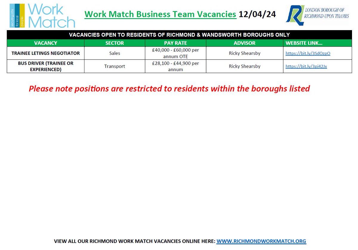 #FridayFeeling We highlight our multi-sector #job #vacancies in Richmond, open to residents of #Wandsworth & #Richmond Includes jobs in #Marketing , #Facilities, #Education, #Retail, #Care, #Hospitality, #Transport See Images below ⬇️ Details & to apply ➡️bit.ly/3todRCZ