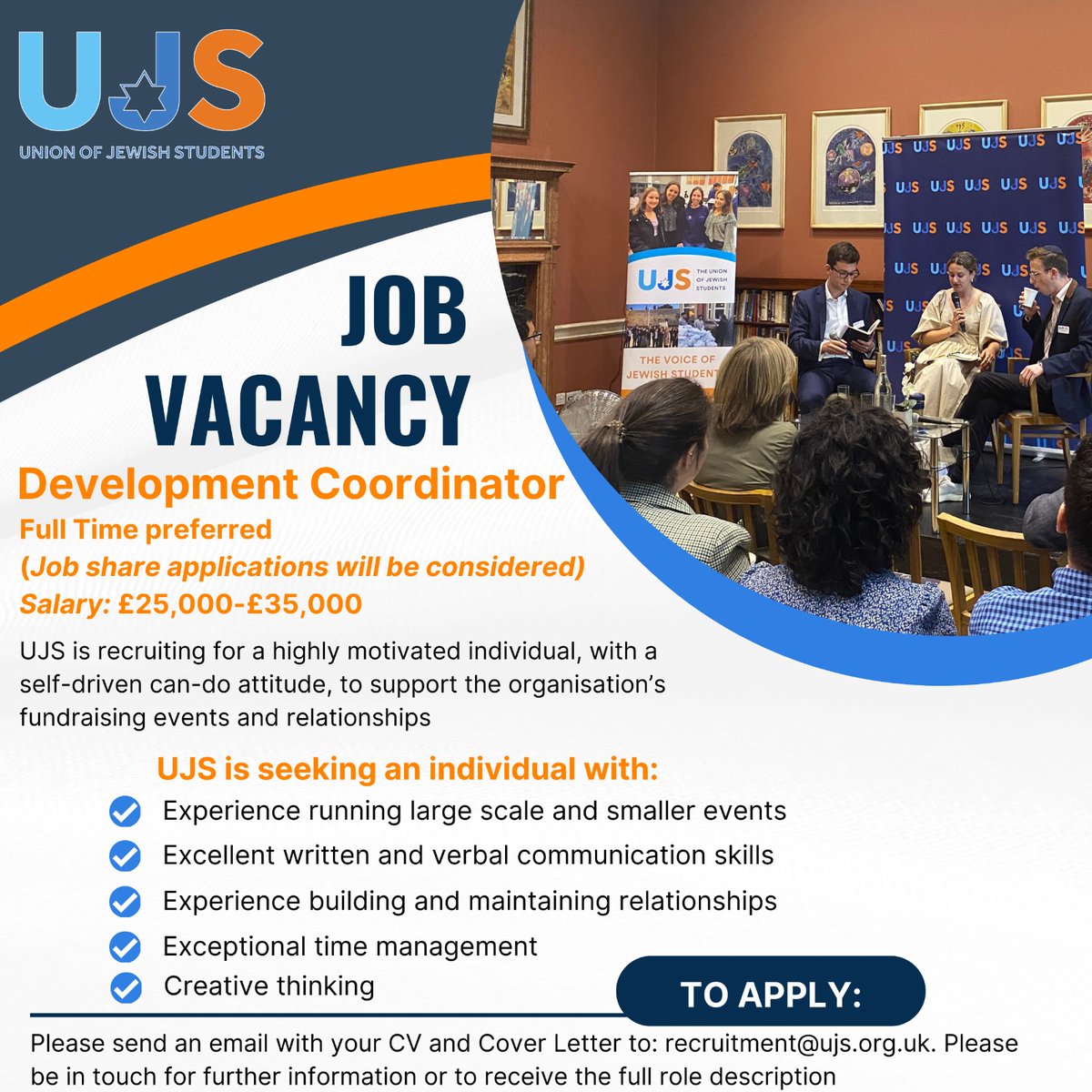 📣We’re Hiring for a Development Coordinator! See the post for all details. To apply email recruitment@ujs.org.uk with your CV and Cover Letter.