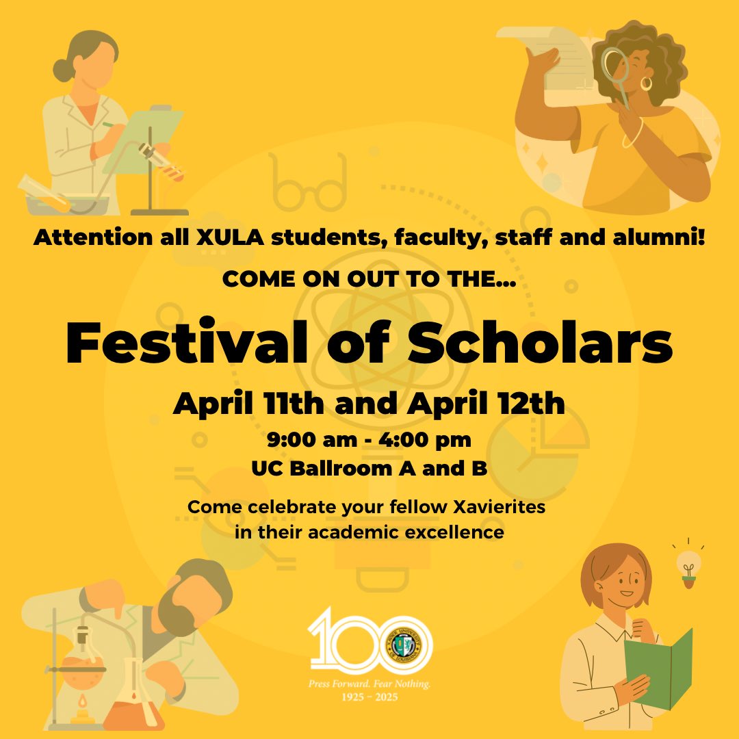 Good morning! It's Day 2, and we’re excited to tell you that we have an amazing lineup of presentations, collaborative talks, and performances planned for today.

#XULA is a place where academic and creative eXcellence thrives.

Meet your peers In the UC, Floors 2&amp;3

#FOS2024