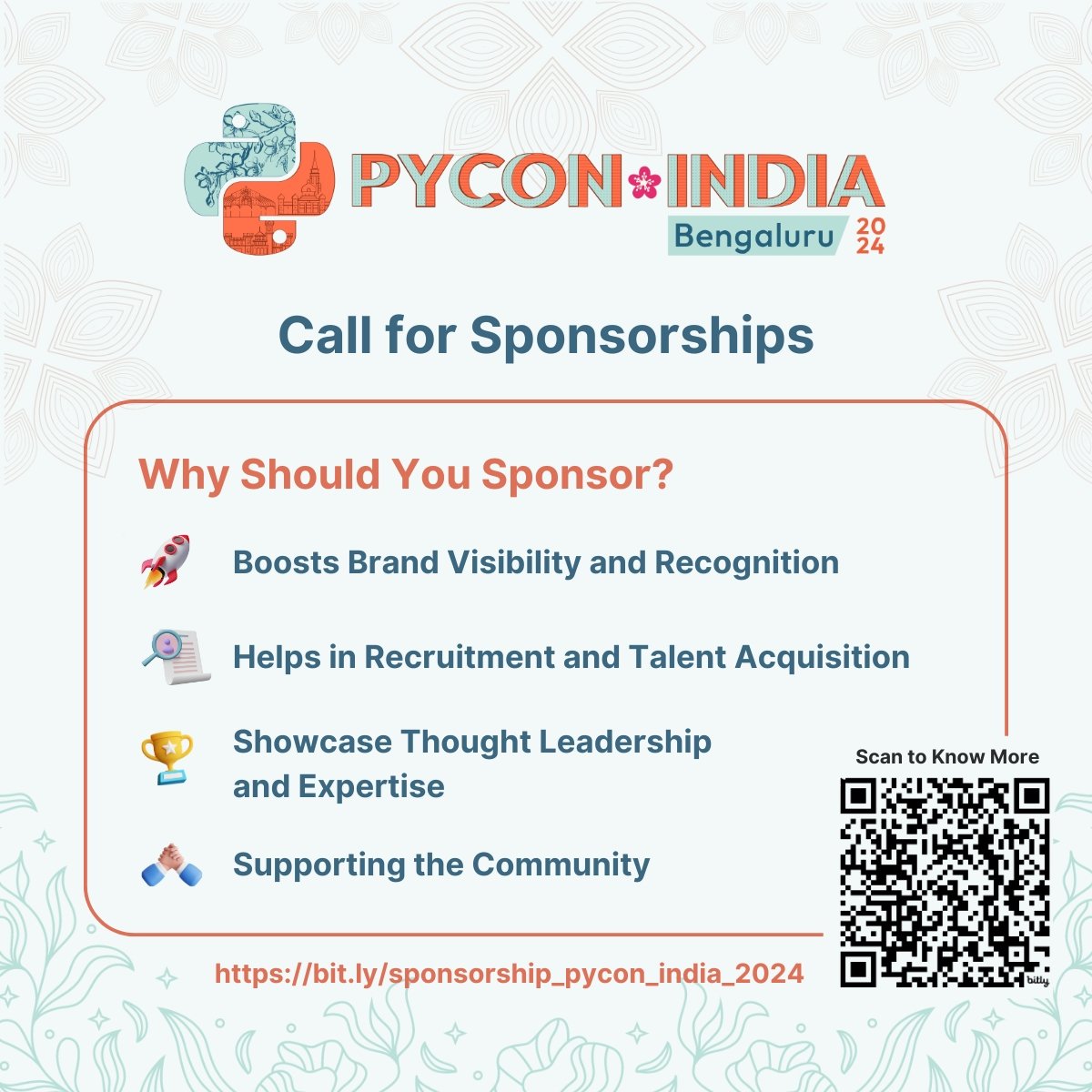 🚀 Interested in sponsoring PyCon India 2024? 

🐍 Let's collaborate! 

Register your interest here: bit.ly/sponsorship_py…

 #PyConIndia2024 #SponsorshipOpportunity #python