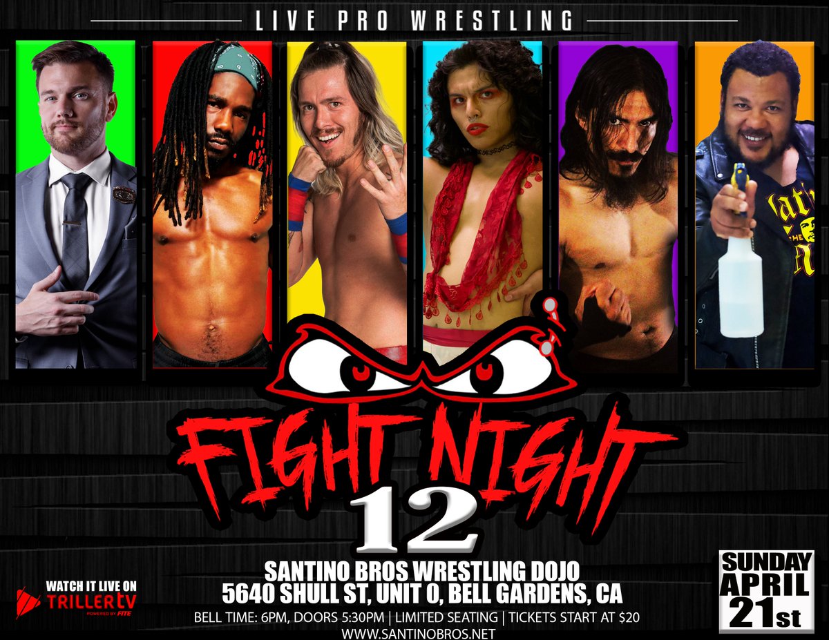 Get your tickets now for FN12! 5 matches....ALL BANGERS. BE THERE! 👊 FIGHT NIGHT 12 📅 Sunday April 21st at 6pm 📍 Santino Bros. Dojo, 90201 🎟️ SBFN12.eventbrite.com 📺 Streaming Live on #TrillerTV trillertv.com/vl/p/santino-b…