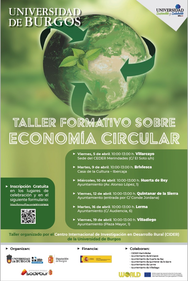 Últimos días para asistir al “Taller Formativo de Economía Circular” desarrollado con @UBUEstudiantes los días 16 de abril en Lerma y el 19 de abril en Villadiego. ¡Apúntate!