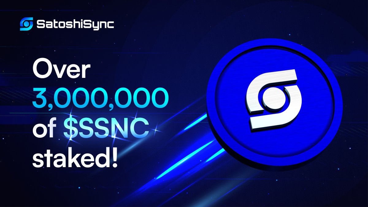 Over 3,000,000 $SSNC tokens have been staked by our community! If you haven't staked your $SSNC yet, now's your chance: ⏳ Stake for 3 months: 15% APR ⏳ Stake for 6 months: 20% APR satoshisync.com/app/staking/ Stake your tokens and contribute to the growth of our ecosystem! 🔒