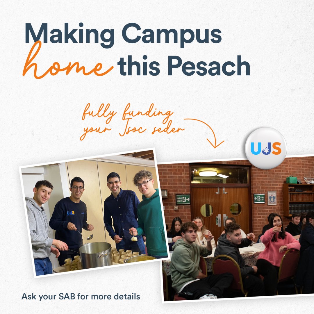 We're making campus home for Jewish students this Pesach! 🍷Funding student Seders across 🇬🇧 & 🇮🇪 📦Kosher-for-Pesach Care Packs 📚Materials to enrich student Seders 👫Ensuring no student is alone this Pesach Please support Jewish students this Pesach: ujs.org.uk/pesach_appeal_…