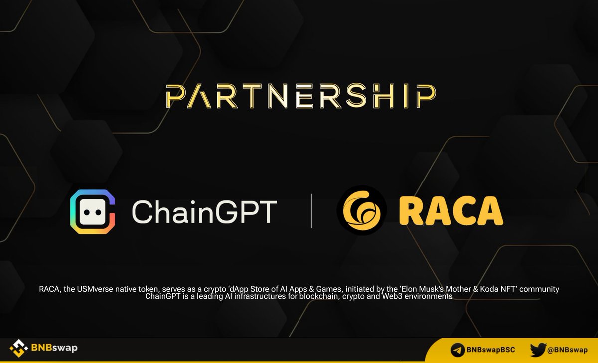 📢 @Chain_GPT $CGPT partners with @RACA_3 $RACA #ChainGPT, a leading #AI infrastructures for #blockchain, crypto & Web3 environments #RACA, the @USMverse native token, serves as a crypto ‘dApp Store of AI Apps & Games, initiated by the ‘Elon Musk’s Mother & Koda NFT’ community