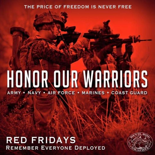 R.E.D.    

Please wear RED. Show support for our Service Members and their families a small way to say thank you for service & sacrifice!    

#usmc #armystrong #navylife #airforce #coastguard #spaceforce #REDFridays