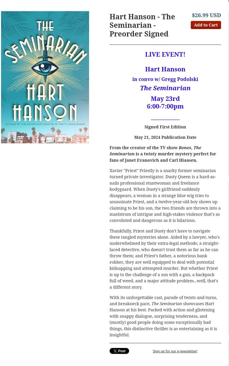 @BlackstoneAudio brother @HartHanson has a new book dropping in less than a month. I've read it, it's awesome, and I'll be talking all about it with him at the @TheMysterious on May 23rd. Come check us out! @ITWDebutAuthors