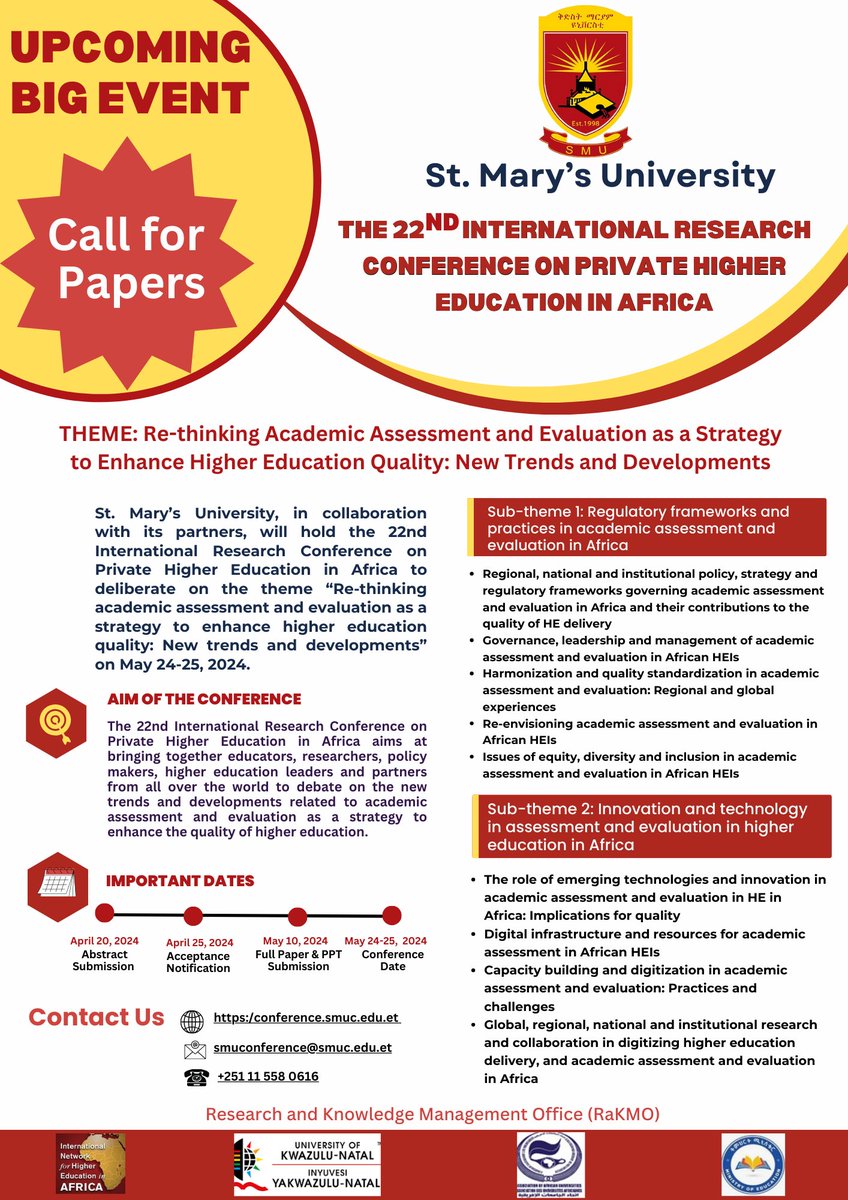 Call for Papers! Join us at the 22nd International Research Conference on Private Higher Education in Africa, co-organized with AAU member University, @SMUCEthiopia. 🌍 Theme: 'Re-thinking Academic Assessment and Evaluation as a Strategy to Enhance Higher Education Quality: New…