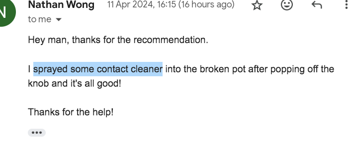 echrepairs's tweet photo. Even though I make no money in these situations I get a happy feeling from helping someone and another happy feeling from not having to fix it myself. #ContactCleaner #DontLookBehindTheCurtain #DeOxit https://t.co/8f0IFQreWJ