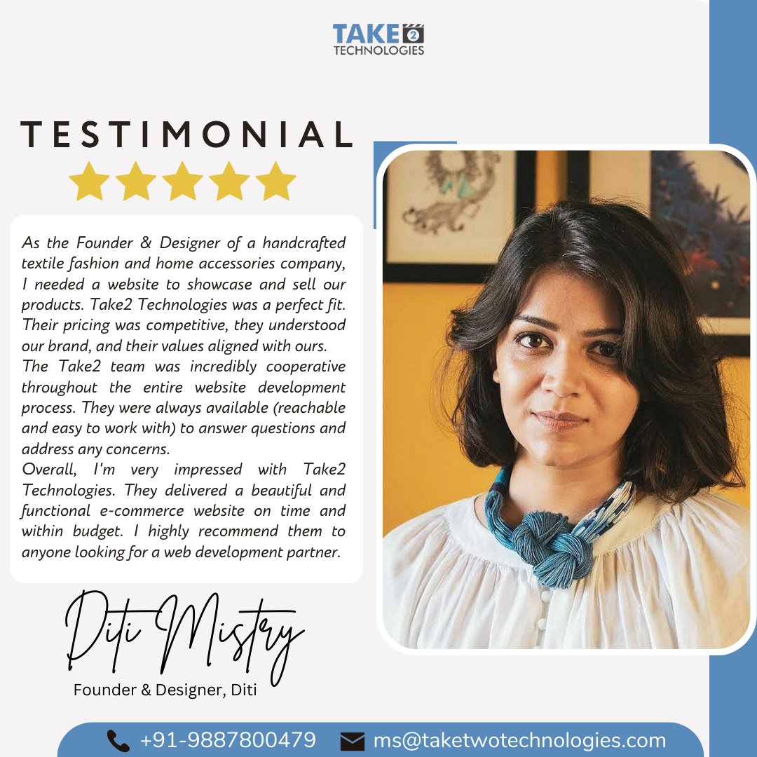 Thrilled to receive such positive feedback from Diti Mistry, Founder & Designer of Diti! ✨

#WebDevelopment #EcommerceWebsite #ClientTestimonial #HappyClient