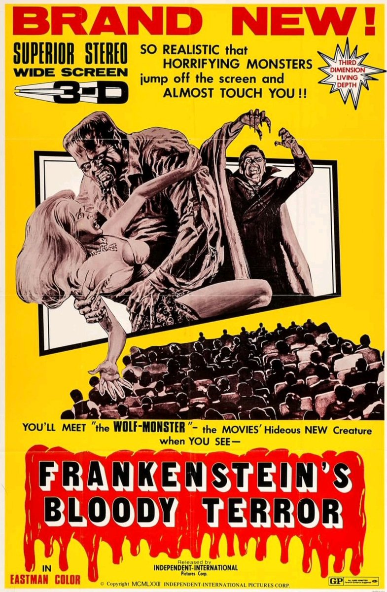Talking taglines: 'SO REALISTIC that HORRIFYING MONSTERS jump off the screen and ALMOST TOUCH YOU!!' #FrankensteinsBloodyTerror aka #TheMarkOfTheWolfman #HellsCreatures (1968) #PaulNaschy #DyanikZurakowska #RosannaYanni #EnriqueLopézEguiluz Anyone ever see this in 3D?