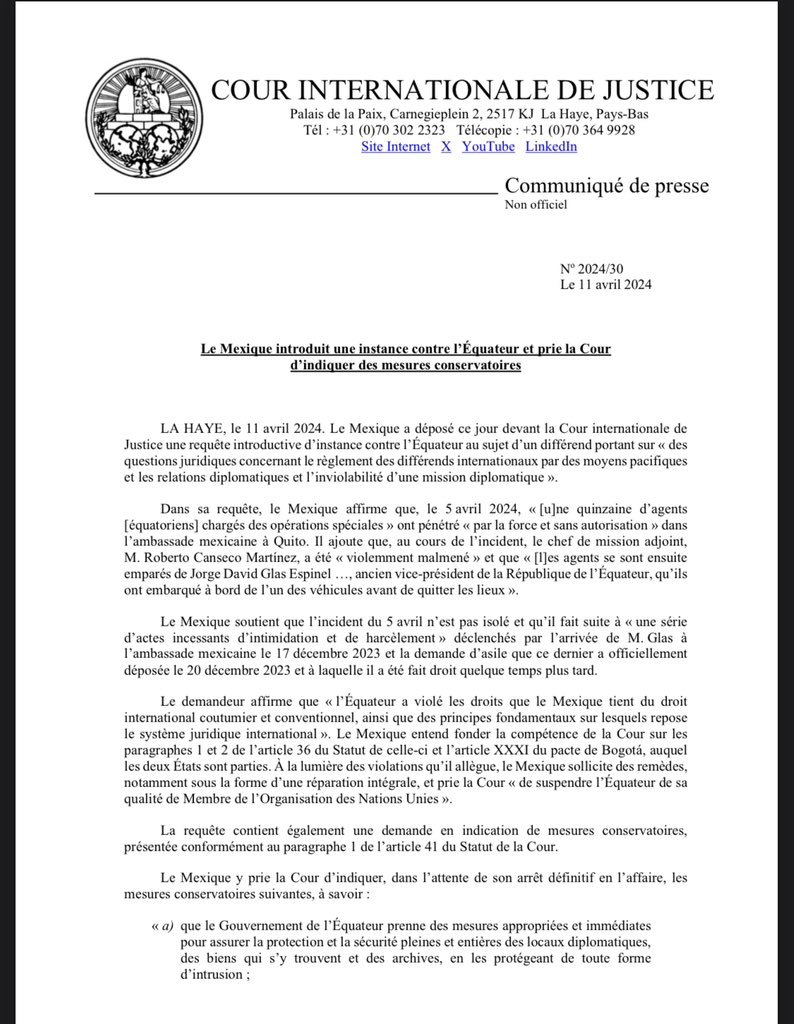 Aquí, demanda de México ante Corte Internacional de Justicia de La Haya y requerimientos a #Ecusdor: icj-cij.org/sites/default/…