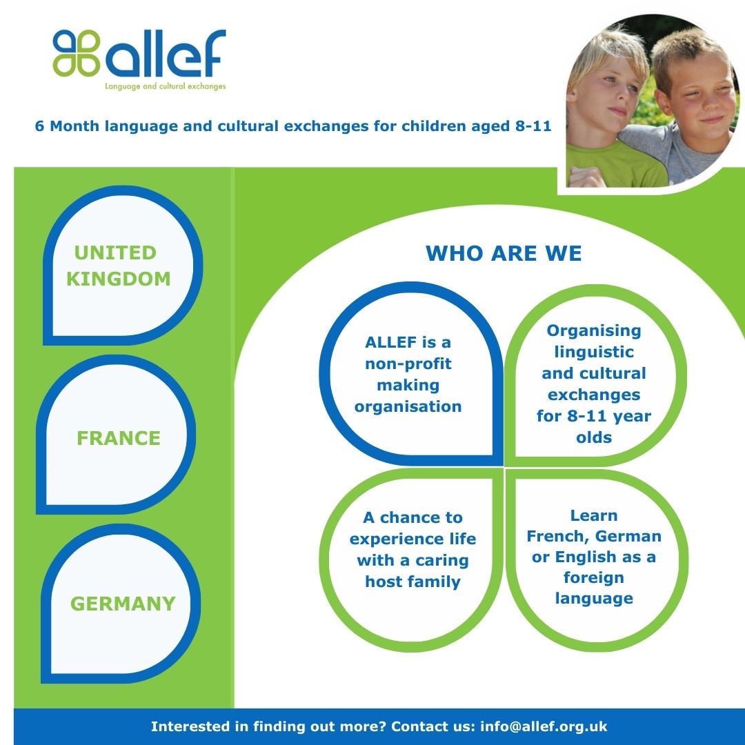 We organise language and cultural exchanges for children between 8-11 - for 6 months! Interested? Find out more on our website allef.org.uk or by contacting us on info@allef.org.uk #languageexchange #Frenchexchange #Germanexchange #6monthsabroad #fluent
