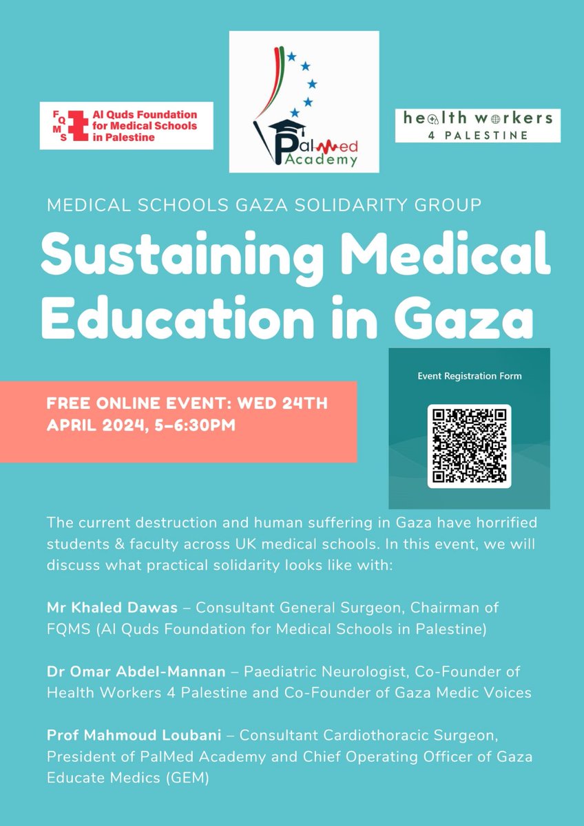 We've organised an online event on medical education in Palestine and what practical solidarity looks like. It's on 24 April 5pm. We've got three incredible speakers. Sign up here: shorturl.at/pxzVW @ArianneShahvisi @NeilSinghHQ @OPWhisperer