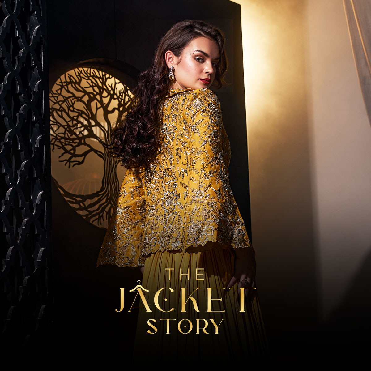 Marigold Magic🌟  Set the trend with #TheJacketStory in this fashion-forward  yellow jacket and ghagra bottom ensemble, making a bold yet classy  statement, turning you into the Haldi Heroine✨  Visit our store now to explore this stunning ensemble and more💫 #TheJacketStory