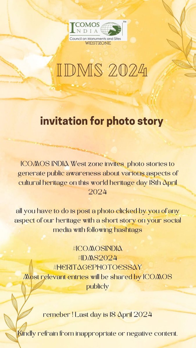 ICOMOS India West zone invites Photo Stories to generate public awareness about various aspects of our cultural heritage on this World Heritage Day, 18th April 2024. For more details visit:- icomosindia.com/announcements/…