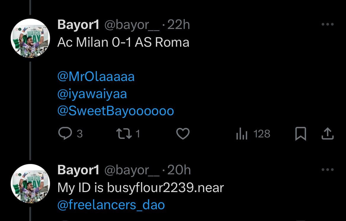 🥷 According to the rules of our game and so much review @bayor__ was luck enough to follow all rules and be the first to predict the correct ✅ scores please 🙏 incase of any oversight or any complaint about @bayor__ please identify in 30mins. @bayor__ expect 15$ in ur wallet