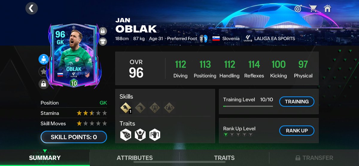 #UCL RTTF - Jan Oblak - Review
Pros 📈
1. Great in 1v1 situations using GK run
2. He is 50-50 at free kicks
3. With long thrower trait and great passing
4. Chance to get +1 if Atleitico wins the returning leg
5. High chance of packing him 
Check Thread🧵 
Retweets Appreciated🙏🔄