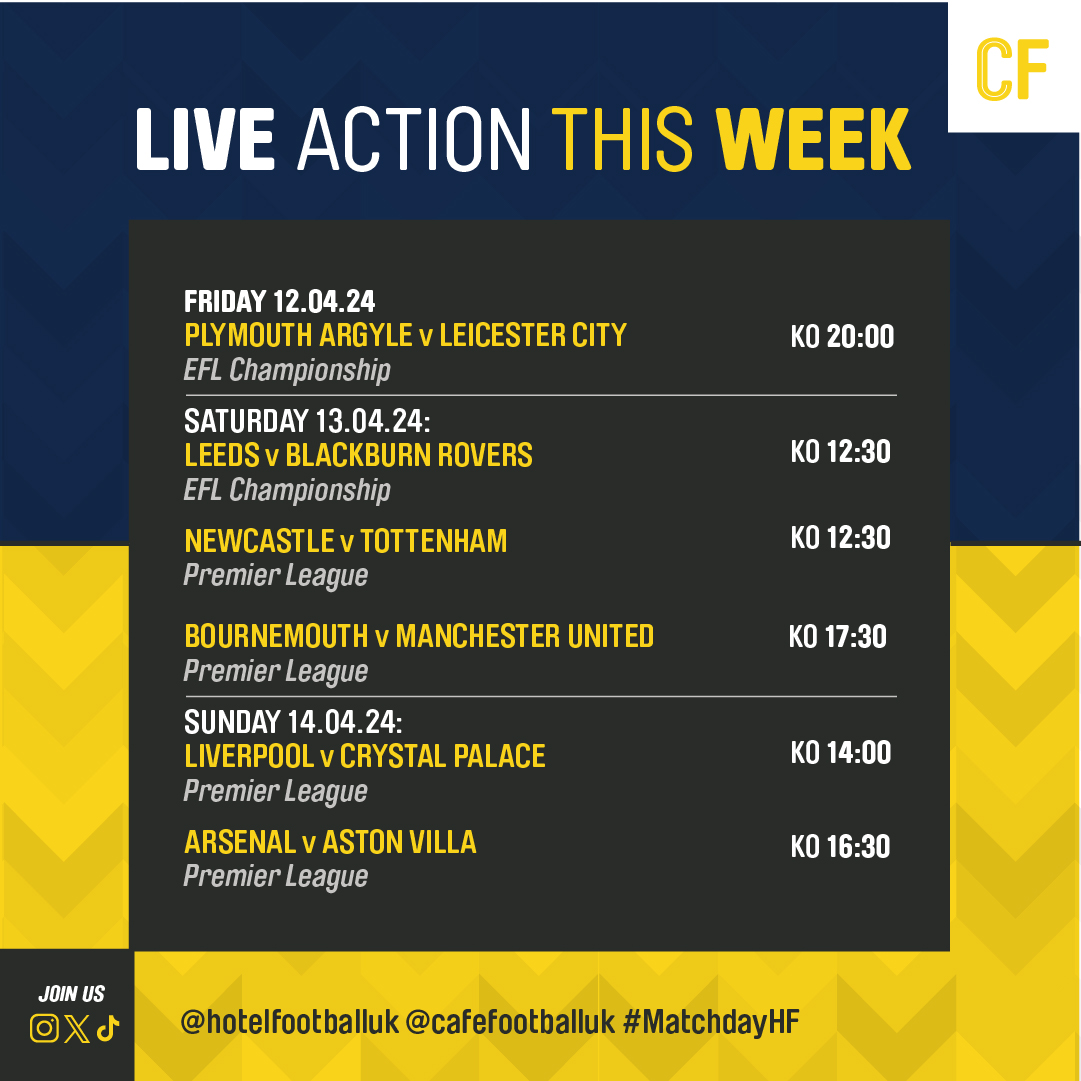This weekend's line up is here👀🥁 Don't miss all the top football action right here in Cafe Football!⚽ #cafefootball #weekend #weekendvibes #tgif #friday #friyay #football #footy #fixtures #lineup #sport #live #watchlive #tv #bar #sportsbar #oldtrafford #manchester #uk