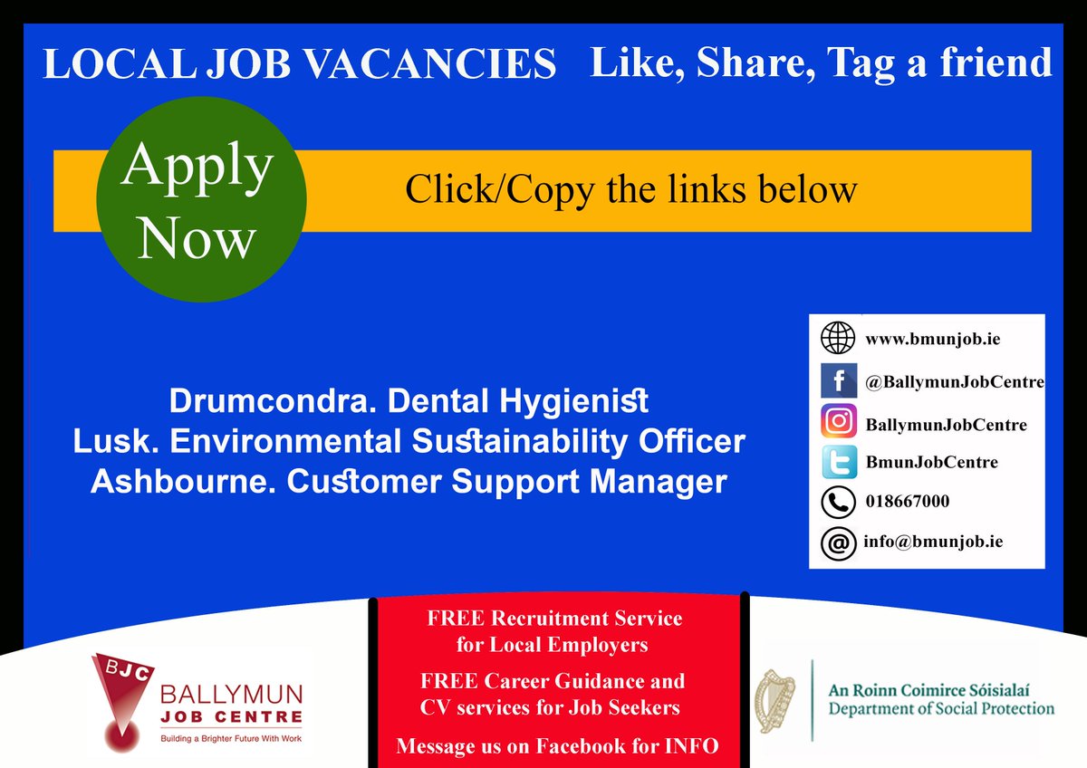 👉 Visit us at: Bmunjob.ie

Vacancies #bmunjob #jobfairy #dublinjobS
Drumcondra. Dental Hygienist
jobsireland.ie/en-US/job-Deta… 
Lusk. Environmental Sustainability Officer
jobsireland.ie/en-US/job-Deta… 
Ashbourne. Customer Support Manager
is.gd/RO21nY