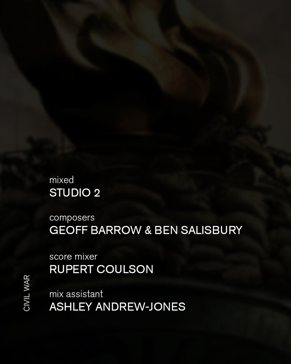 Set in a dystopian future, a team of journalists races against time to reach the White House in Alex Garland’s ‘Civil War’. 🇺🇸 Rupert Coulson @__roop__ mixed Geoff Barrow @jetfury and Ben Salisbury’s @Benjaminsal score in Studio 2. Now in cinemas. #AIRstudios #AIRmanagement