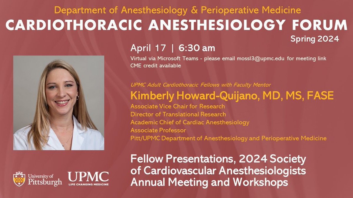 🫀 Cardiothoracic Anesthesiology Forum on April 17 at 6:30 am: Our Adult Cardiothoracic Fellows, with faculty mentor Dr. Kimberly Howard-Quijano, will show their work to be presented at the 2024 SCA Annual Meeting. @PittCTAnes 📅 Event details: buff.ly/47LJnxT