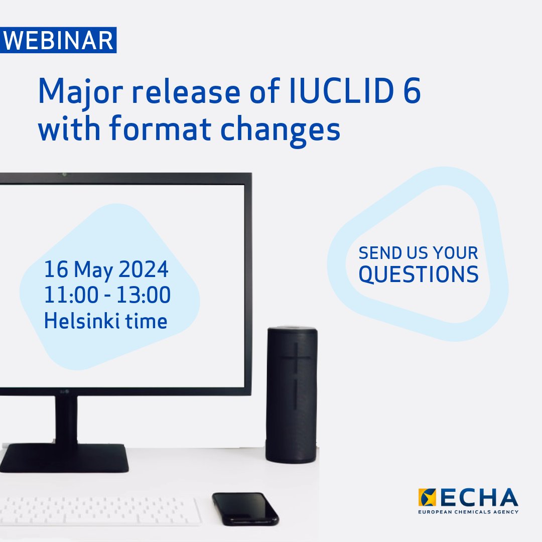 Do you want to learn about the next major release of IUCLID 6, planned for 29 April 2024? Join our webinar on 16 May at 11:00 Helsinki time to get a comprehensive understanding of the format changes and its new features. 🔗fcld.ly/wiuclid6may24t #ChemicalSafetyEU