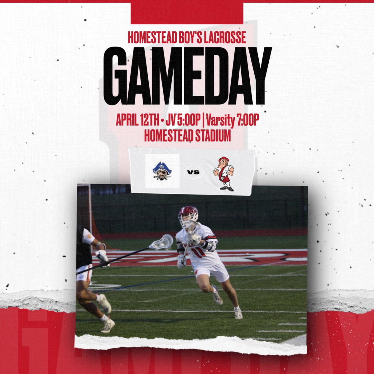 Top 10 boy's lacrosse showdown in Mequon tonight! Your #5 Homestead Highlanders host #8 Bay Port Pirates looking to stay undefeated for the season! 📍: Homestead High School Stadium ⏰: JV 5:00p | Varsity 7:00p #letsgetrowdy