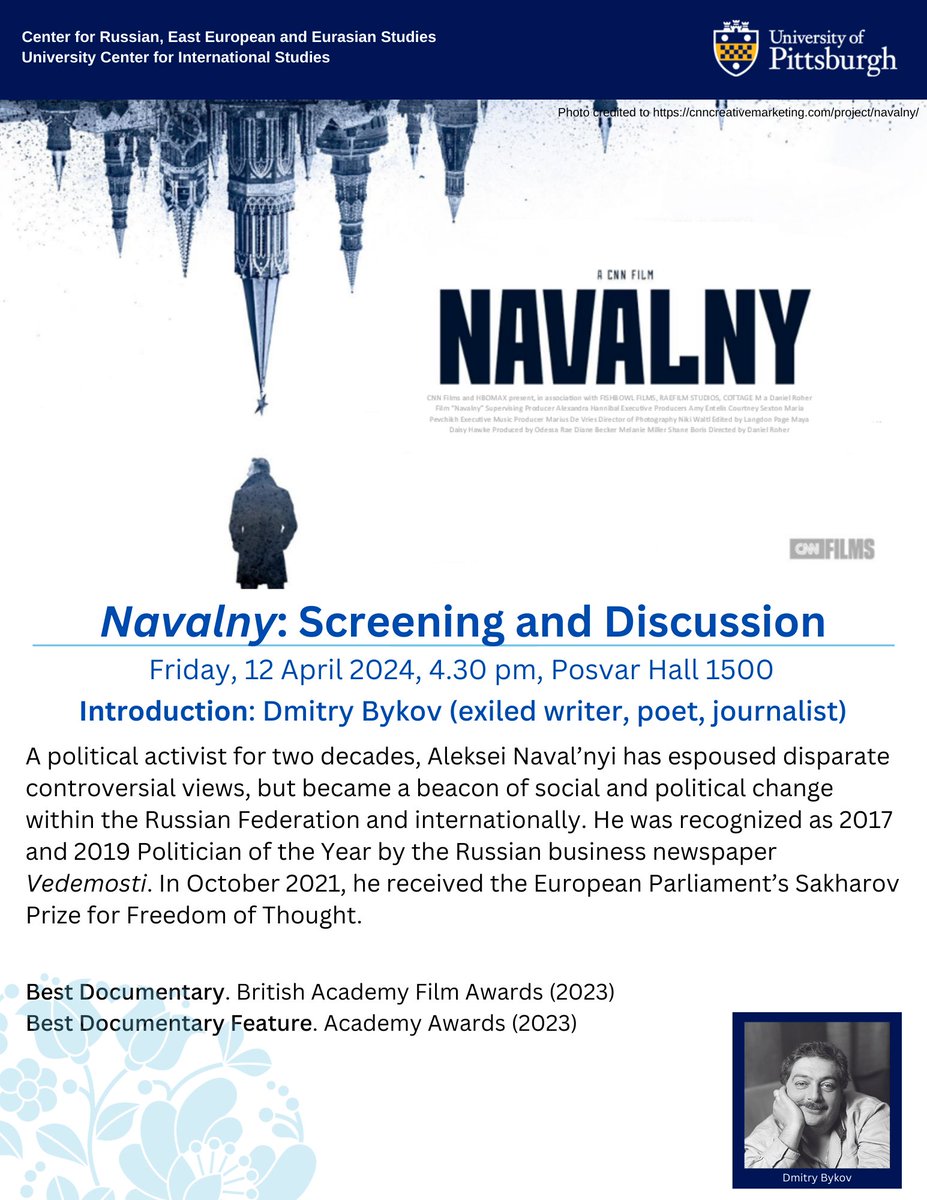 🚨Happening TODAY at 4:30 p.m.🚨 

Join our center in Room 1500 of Posvar Hall for a screening and moderated discussion of the documentary film, "Navalny" to commemorate the life of political activist, Aleksei Navalny.