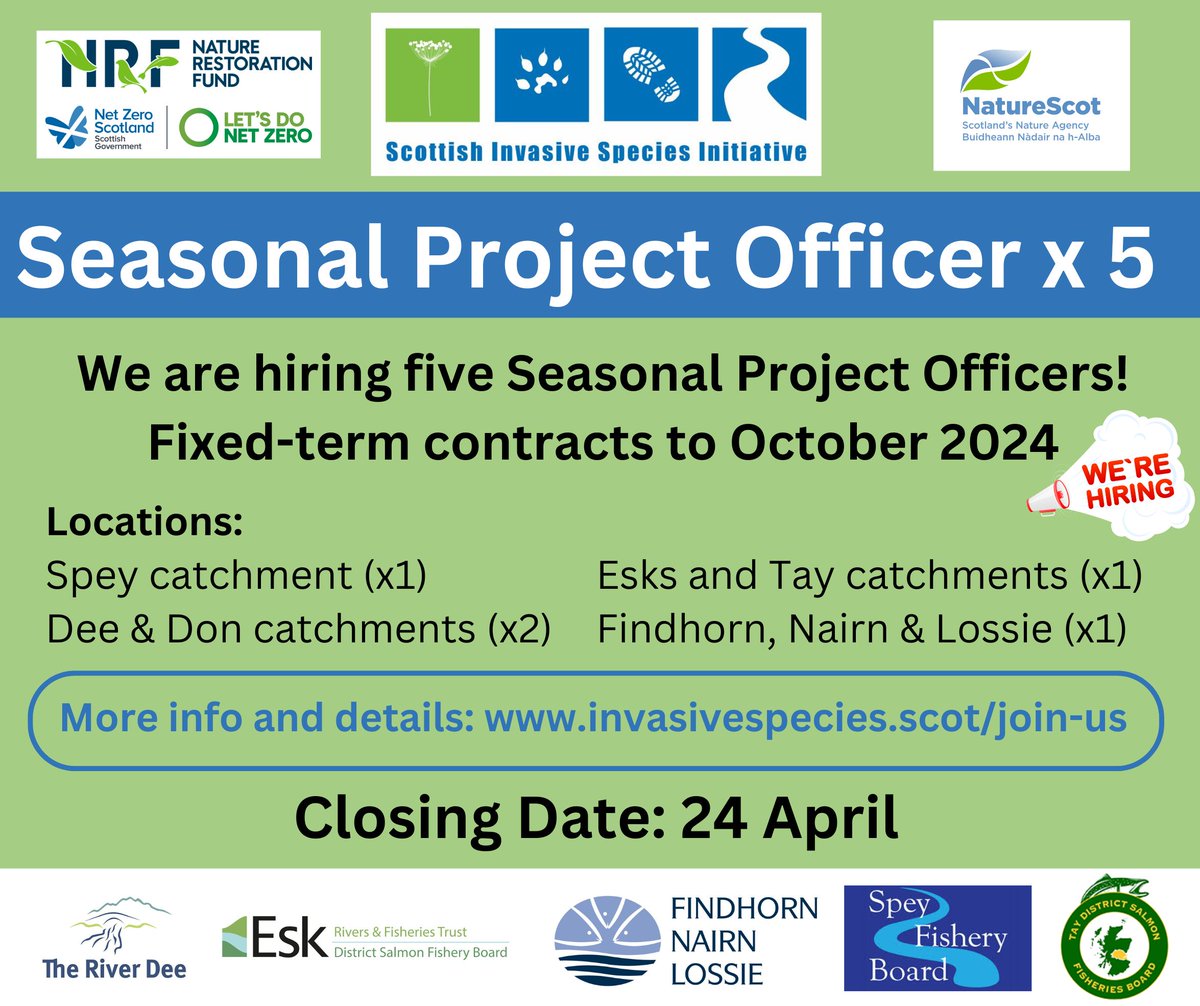 📢 Recruitment update! 📢 We are now looking for FIVE seasonal POs in various locations across our project area. The latest position to be added will work across the Dee & Don catchments and be flexibly deployed in other areas. For more info & to apply: invasivespecies.scot/join-us