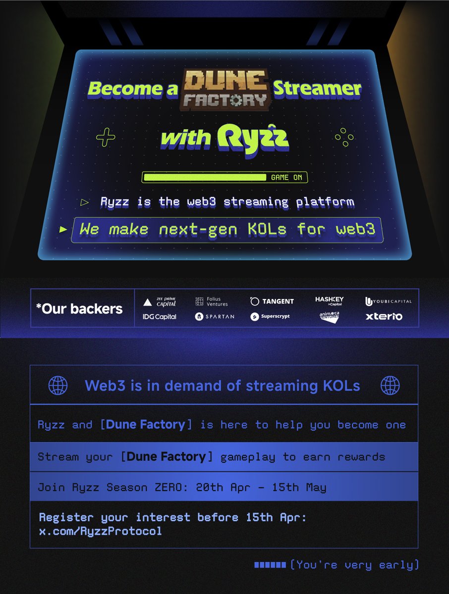 When you play Dune Facotry, why not stream it and earn💰? Announcing our partnership program with @RyzzProtocol, a web3 streaming platform backed by @FoliusVentures and other degens. First Streaming Season⏰April 20 - May 15 Apply NOW docs.google.com/forms/d/e/1FAI…