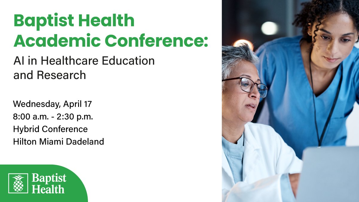 Join the Baptist Health Academic Conference: AI in Healthcare Education and Research for a day filled with insightful presentations and interactive panels on the emerging applications of #AI in healthcare. 💡 #BHAC24 Registration is FREE | Sign up here: cmeonline.baptisthealth.net/academic-confe…