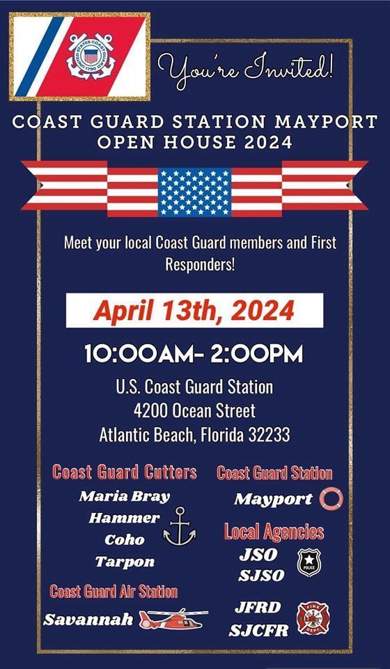 #OpenHouse US Coast Guard Station #Mayport will be having an open house on April 13th, Saturday.

The open house will be open from 10:00 am to 2:00 pm.

#USCG #CoastGuard #AtlanticBeach