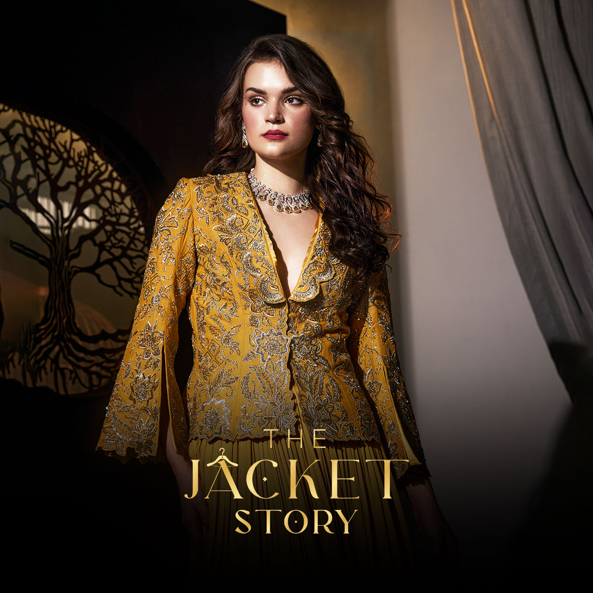 Marigold Magic🌟  Set the trend with #TheJacketStory in this fashion-forward  yellow jacket and ghagra bottom ensemble, making a bold yet classy  statement, turning you into the Haldi Heroine✨  Visit our store now to explore this stunning ensemble and more💫  #TheJacketStory