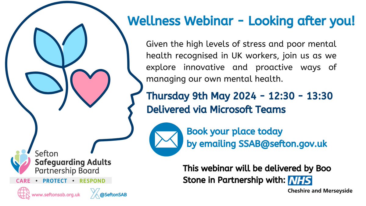 Ahead of #MentalHealthAwarenessWeek @SeftonSAB are offering places on a upcoming Wellness Webinar delivered in partnership with @NHSCandM 

🗓️ Thursday 9 May 2024, 12:30pm

The webinar will aim to explore innovative and proactive ways to manage our own mental health

#MySefton