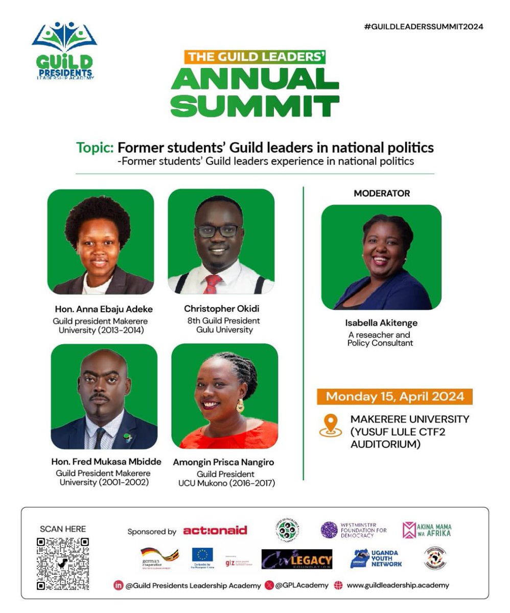Here is a must attend event #GuildLeadersSummit2024 that is happening on 15th,April,2024 at Makerere University. These are some of the panelists that will be speaking to us @amwaafrika @actionaiduganda @CivsourceAfrica