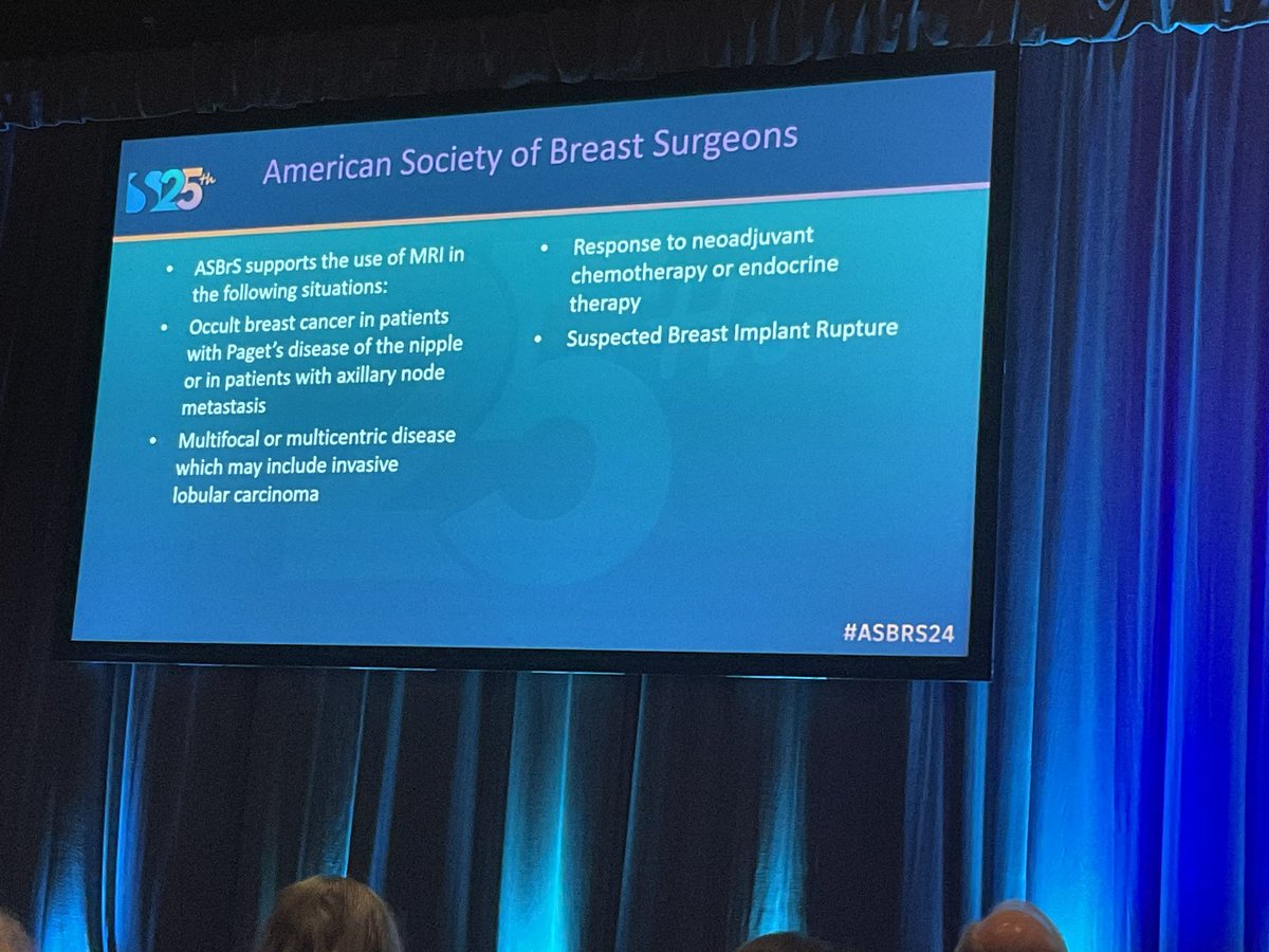 Great talk on the use of MRI in beast cancer.  There are some appropriate uses but it should not be used routinely in the preoperative work up of breast cancer. <a href="/ASBrS/">ASBrS</a> #ASBRS24