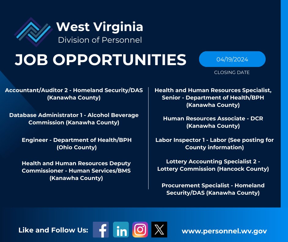 Job Seekers: Below is a listing of job opportunities closing April 17, 2024 - April 19, 2024. To apply, visit governmentjobs.com/careers/wv. #DivisionOfPersonnel #TeamWVDOP #jobopportunities #wv