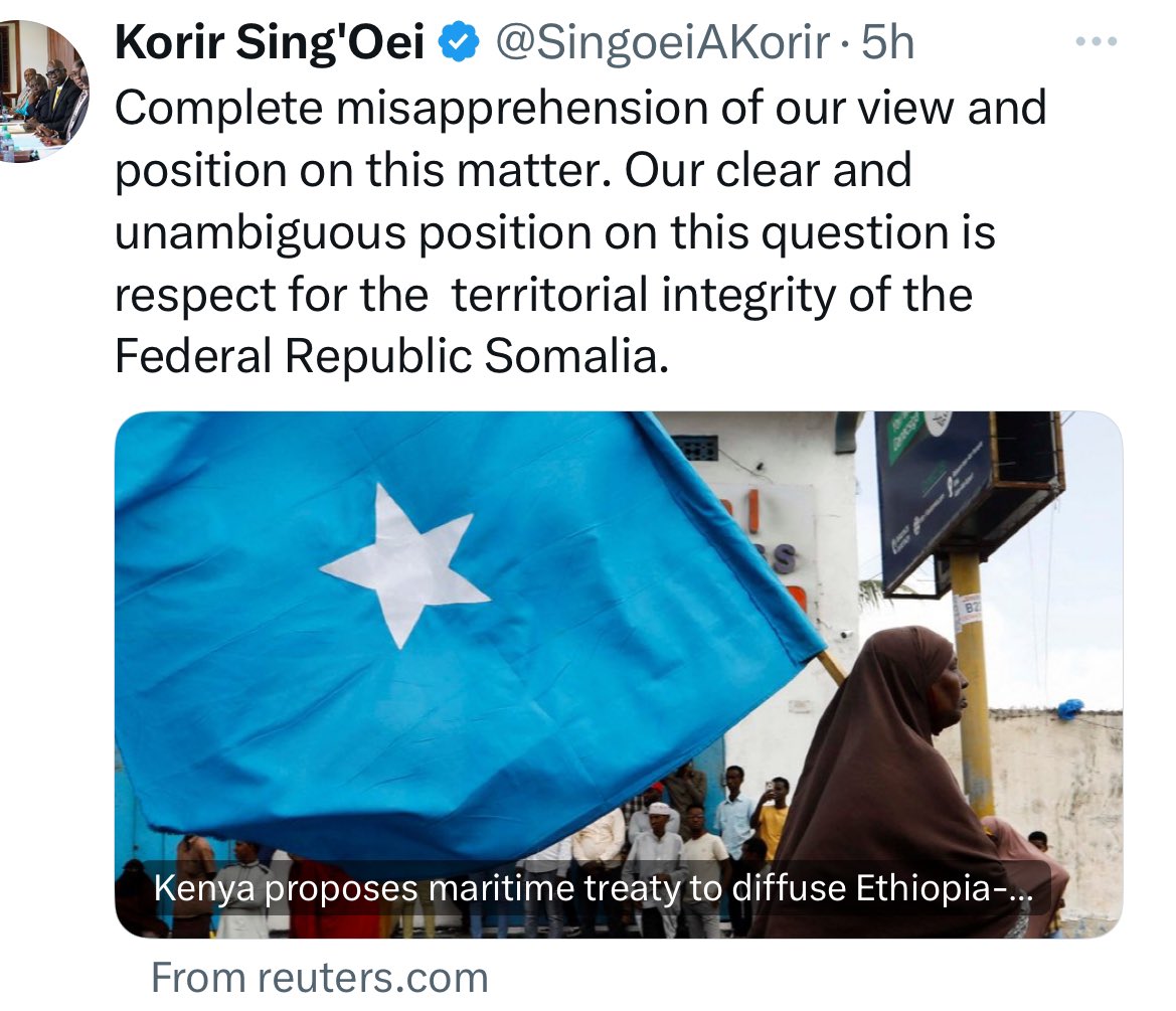 Do not trust Ali Balcad. The Ethiopia-Somalia maritime agreement has been reaffirmed. We all know how reliable ( Reuters) are and HSM appears to be in panic mode following Korir Sing'oei's disclosure, leading to a change in their stance. HSM is now seeking a deal with Ethiopia.