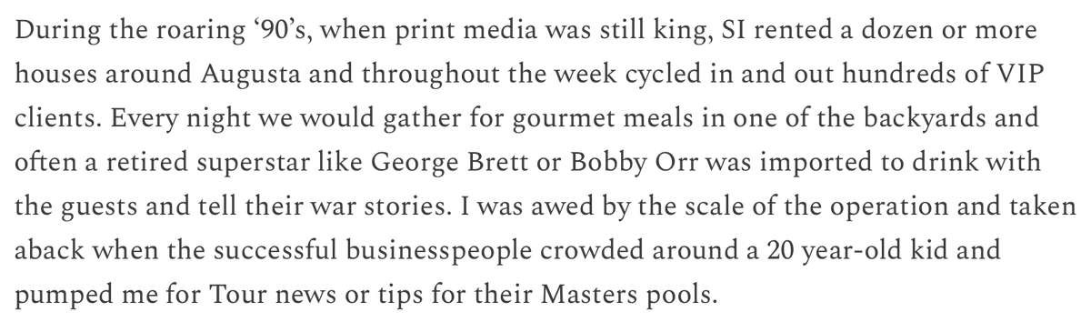 A collection of Masters memories that is really a story about the decline of print journalism (in this case Sports Illustrated). firepitcollective.com/p/25-years-mas…