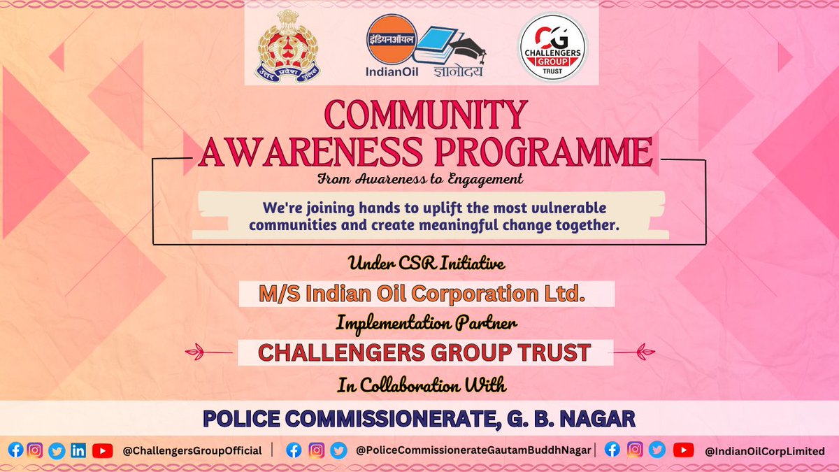 We are delighted to announce our CSR project 'Community Awareness Program' under the CSR initiative of @IndianOilcl in collaboration with @noidapolice. Together, we are committed to bring positive transformation within deprived communities, fostering change in their lives.