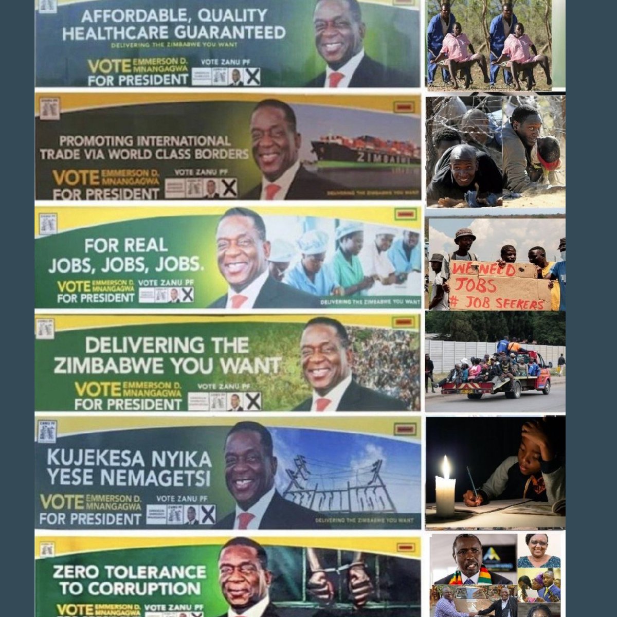Just a reminder AFFORDABLE, QUALITY HEALTHCARE GUARANTEED ❌ PROMOTING INTERNATIONAL TRADE VIA WORLD CLASS BORDERS❌ FOR REAL JOBS, JOBS, JOBS❌ DELIVERING THE ZIMBABWE YOU WANT❌ KUJEKESA NYIKA YESE NEMAGETSI❌ ZERO TOLERANCE TO CORRUPTION❌