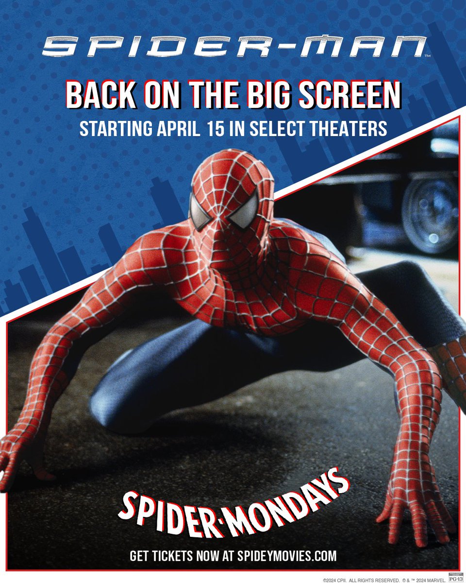 SpiderManMovie's tweet photo. Make a date with your friendly neighborhood Spider-Man.

#SpiderMan is BACK in select theaters beginning Monday for a limited time. Get tickets: https://t.co/ebJwLyBrke https://t.co/M9QY7DeJ2g