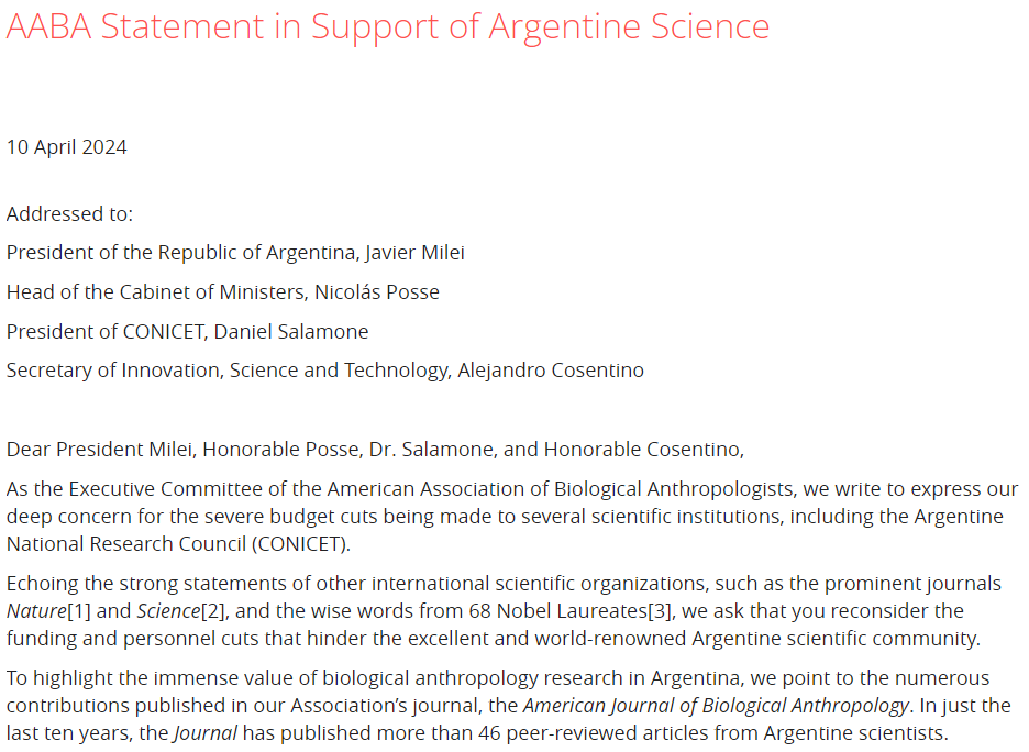 The AABA is concerned about budget cuts to scientific institutions in Argentina. Investment in Argentina’s scientific infrastructure and scientists are essential to the betterment of the international scientific community and the world. bioanth.org/about/position…