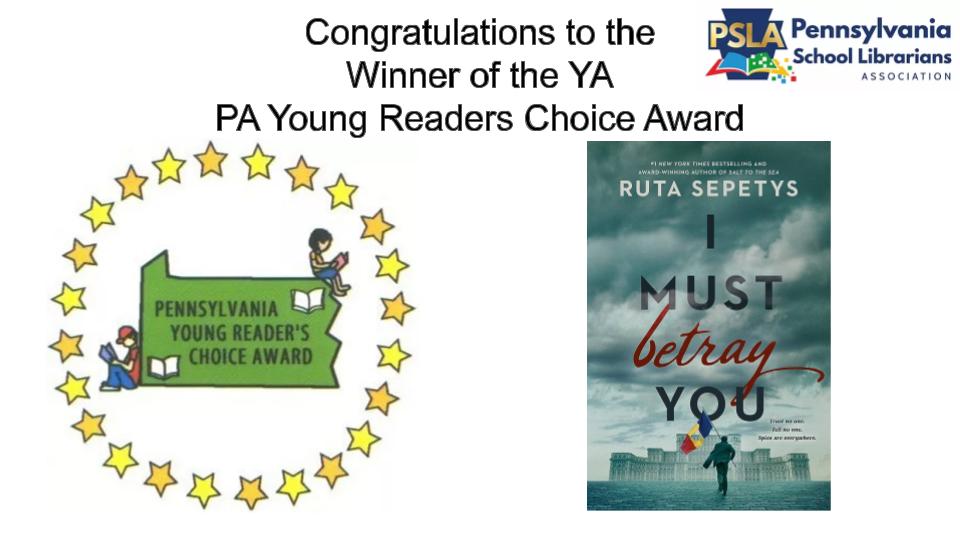 Mountain Laurel Book Award (@pa_yrca) on Twitter photo Congratulations to the 2024 Pennsylvania School Librarian's Association's Pennsylvania Young Reader's Choice Award winner for Young Adults I Must Betray You by Ruta Sepetys <a href="/PSLA_News/">PSLA_News</a> <a href="/RutaSepetys/">Ruta Sepetys Updates</a> <a href="/PhilomelBooks/">Philomel</a> <a href="/penguinkids/">Penguin Kids</a> Congratulations to the 2024 Pennsylvania School Librarian's Association's Pennsylvania Young Reader's Choice Award winner for Young Adults I Must Betray You by Ruta Sepetys <a href="/PSLA_News/">PSLA_News</a> <a href="/RutaSepetys/">Ruta Sepetys Updates</a> <a href="/PhilomelBooks/">Philomel</a> <a href="/penguinkids/">Penguin Kids</a>